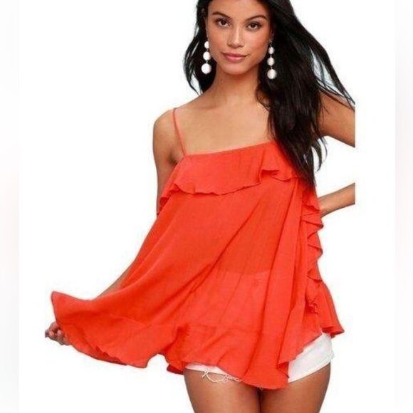 Free People Cascades Ruffle Cami in Coral Red Orange Flowy Size Small - Picture 1 of 11
